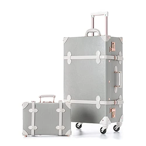Unitravel Vintage Suitcase Set 26 Inch PU Leather Spinner Luggage With 12 Inch Train Bag For Women (Light Gray) 1 Unitravel Vintage Suitcase Set 26 Inch PU Leather Spinner Luggage With 12 Inch Train Bag For Women (Light Gray)