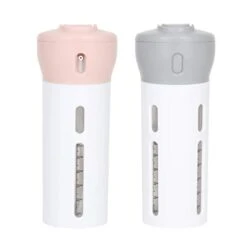Travigo 4-in-1 Travel Bottle Dispenser, Includes Four Empty Reusable 1.4 Oz. (40 ML) Cosmetic Toiletry Containers For Sanitizer, Soap, Lotions, Skincare, Makeup Products (Gray-Pink, 2 Piece Set)