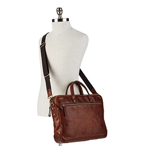 Fossil Men's Haskel Leather Double Zip Briefcase Messenger Laptop Bag, Cognac 4 Fossil Men's Haskel Leather Double Zip Briefcase Messenger Laptop Bag, Cognac - Image 4