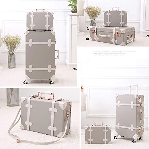 Unitravel Vintage Suitcase Set 26 Inch PU Leather Spinner Luggage With 12 Inch Train Bag For Women (Light Gray) 7 Unitravel Vintage Suitcase Set 26 Inch PU Leather Spinner Luggage With 12 Inch Train Bag For Women (Light Gray) - Image 7