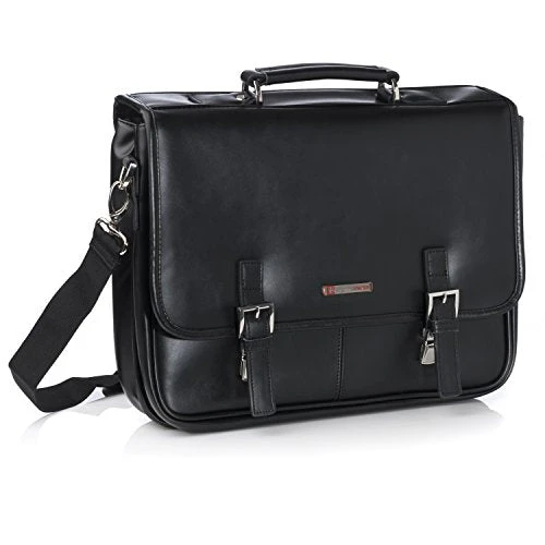 Alpine Swiss Leather Briefcase Dressy Double Buckle Flap-Over Black 1 Alpine Swiss Leather Briefcase Dressy Double Buckle Flap-Over Black