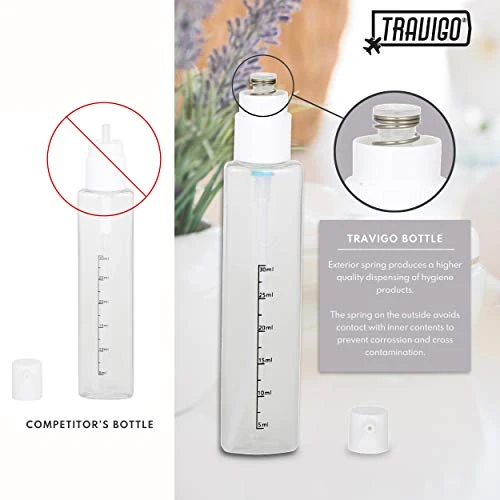 Travigo 4-in-1 Travel Bottle Dispenser, Includes Four Empty Reusable 1.4 Oz. (40 ML) Cosmetic Toiletry Containers For Sanitizer, Soap, Lotions, Skincare, Makeup Products (Gray-Pink, 2 Piece Set) 2 Travigo 4-in-1 Travel Bottle Dispenser, Includes Four Empty Reusable 1.4 Oz. (40 ML) Cosmetic Toiletry Containers For Sanitizer, Soap, Lotions, Skincare, Makeup Products (Gray-Pink, 2 Piece Set) - Image 2