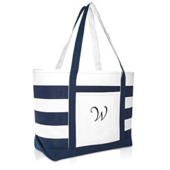DALIX Premium Beach Bags Striped Navy Blue Zippered Tote Bag Monogrammed W