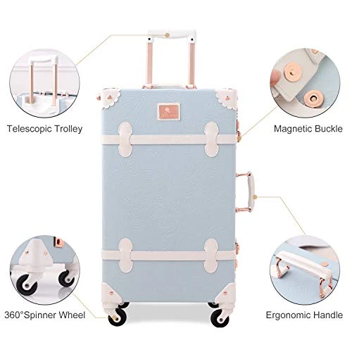 UNIWALKER Retro Luggage Set 20 Inch Women Cute Suitcase With 12 Inch Carry On Handbag (Embossed Blue) 6 UNIWALKER Retro Luggage Set 20 Inch Women Cute Suitcase With 12 Inch Carry On Handbag (Embossed Blue) - Image 6