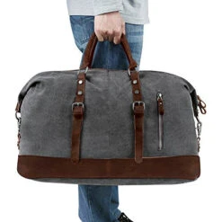Canvas Overnight Bag Travel Duffel Genuine Leather For Men And Women Weekender Tote (Grey) 9 Canvas Overnight Bag Travel Duffel Genuine Leather For Men And Women Weekender Tote (Grey) -Luggage Factory 51 9Ei5Cn4L