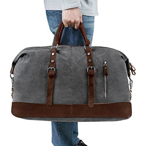 Canvas Overnight Bag Travel Duffel Genuine Leather For Men And Women Weekender Tote (Grey) 4 Canvas Overnight Bag Travel Duffel Genuine Leather For Men And Women Weekender Tote (Grey) - Image 4