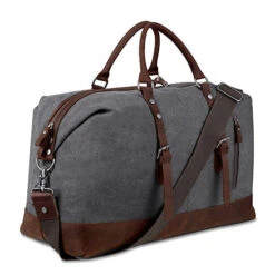 Canvas Overnight Bag Travel Duffel Genuine Leather For Men And Women Weekender Tote (Grey)