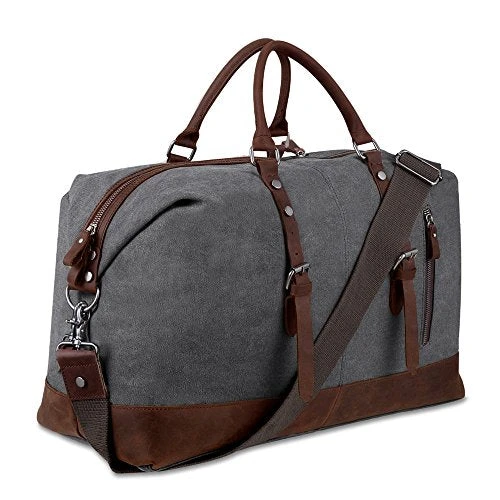 Canvas Overnight Bag Travel Duffel Genuine Leather For Men And Women Weekender Tote (Grey) 1 Canvas Overnight Bag Travel Duffel Genuine Leather For Men And Women Weekender Tote (Grey)