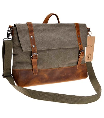 Canvas Messenger Bag Zlyc Leather Trim 15.6 Inch Laptop Bag Military Shoulder Bag Vintage Handbag 4 Canvas Messenger Bag Zlyc Leather Trim 15.6 Inch Laptop Bag Military Shoulder Bag Vintage Handbag - Image 4