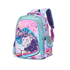 Unicorn Backpack For Girls, Kid 16 Inch Water Resistant Preschool Primary Kindergarten Elementary School Bookbag With Water Bottle Pocket And Chest Strap Large Capacity - Purple