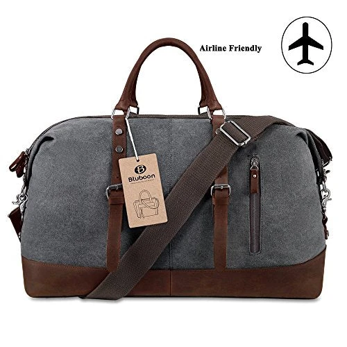 Canvas Overnight Bag Travel Duffel Genuine Leather For Men And Women Weekender Tote (Grey) 2 Canvas Overnight Bag Travel Duffel Genuine Leather For Men And Women Weekender Tote (Grey) - Image 2