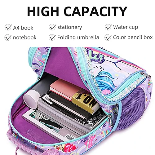 Unicorn Backpack For Girls, Kid 16 Inch Water Resistant Preschool Primary Kindergarten Elementary School Bookbag With Water Bottle Pocket And Chest Strap Large Capacity - Purple 4 Unicorn Backpack For Girls, Kid 16 Inch Water Resistant Preschool Primary Kindergarten Elementary School Bookbag With Water Bottle Pocket And Chest Strap Large Capacity - Purple - Image 4