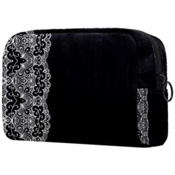 LORVIES Black And Lace Makeup Bag Toiletry Bag For Women Skincare Cosmetic Handy Pouch Zipper Handbag