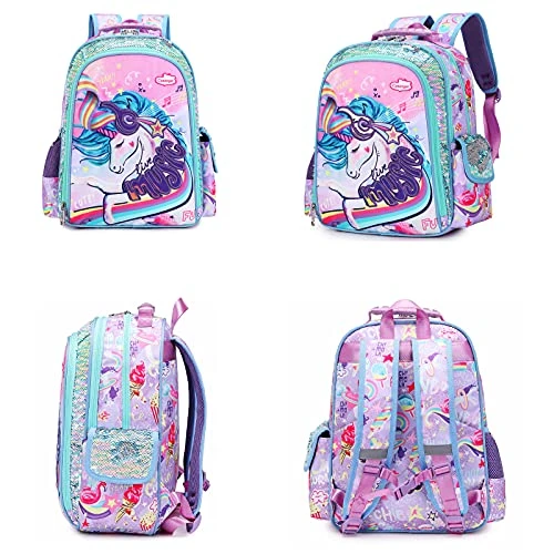 Unicorn Backpack For Girls, Kid 16 Inch Water Resistant Preschool Primary Kindergarten Elementary School Bookbag With Water Bottle Pocket And Chest Strap Large Capacity - Purple 2 Unicorn Backpack For Girls, Kid 16 Inch Water Resistant Preschool Primary Kindergarten Elementary School Bookbag With Water Bottle Pocket And Chest Strap Large Capacity - Purple - Image 2