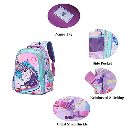 Unicorn Backpack For Girls, Kid 16 Inch Water Resistant Preschool Primary Kindergarten Elementary School Bookbag With Water Bottle Pocket And Chest Strap Large Capacity - Purple 6 Unicorn Backpack For Girls, Kid 16 Inch Water Resistant Preschool Primary Kindergarten Elementary School Bookbag With Water Bottle Pocket And Chest Strap Large Capacity - Purple - Image 6