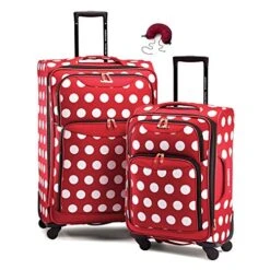 American Tourister Disney Softside Spinner 2 Piece Luggage Set 21 And 28 And Travel Pillow (One Size, Minnie Mouse Polka Dot)