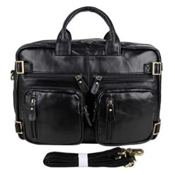 ABage Men's Leather Brief Genuine Leather Business Messenger Convertible Brief Black