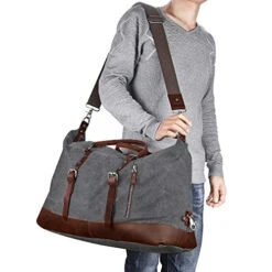 Canvas Overnight Bag Travel Duffel Genuine Leather For Men And Women Weekender Tote (Grey) 10 Canvas Overnight Bag Travel Duffel Genuine Leather For Men And Women Weekender Tote (Grey) -Luggage Factory 51xInQ8fsjL