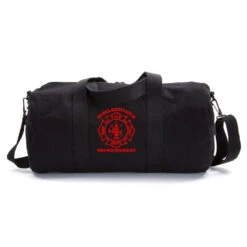 Firefighter Logo On A Vintage Canvas Duffel Bag In Black & Red, Large