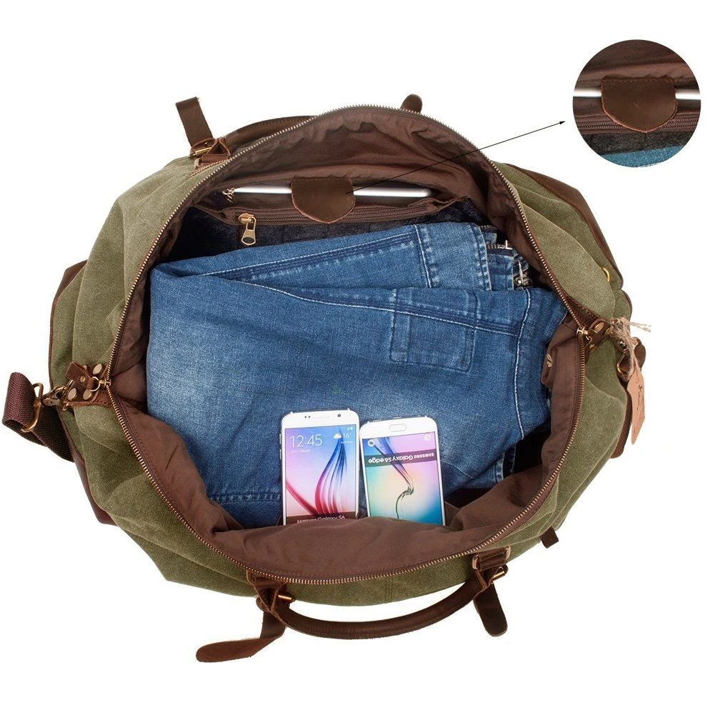 Duffel Bag, Berchirly 21" Large Canvas Leather Travel Sports Gym Bag Toiletry Bag Shoulder Carryon Luggage For Men Women - Army Green 2 Duffel Bag, Berchirly 21" Large Canvas Leather Travel Sports Gym Bag Toiletry Bag Shoulder Carryon Luggage For Men Women - Army Green - Image 2