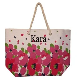 Floral Design Beach Bag By Karen Keith - Personalization Available (Embroidered Name - Pink)