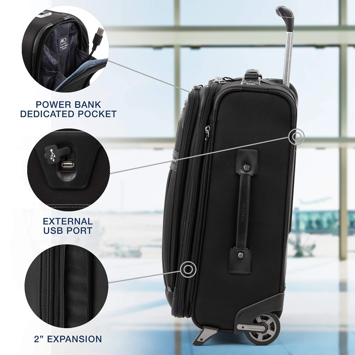 Travelpro Luggage Platinum Elite 20" Carry-on Intl Expandable Rollaboard W/USB Port, Shadow Black 5 Travelpro Luggage Platinum Elite 20" Carry-on Intl Expandable Rollaboard W/USB Port, Shadow Black - Image 5
