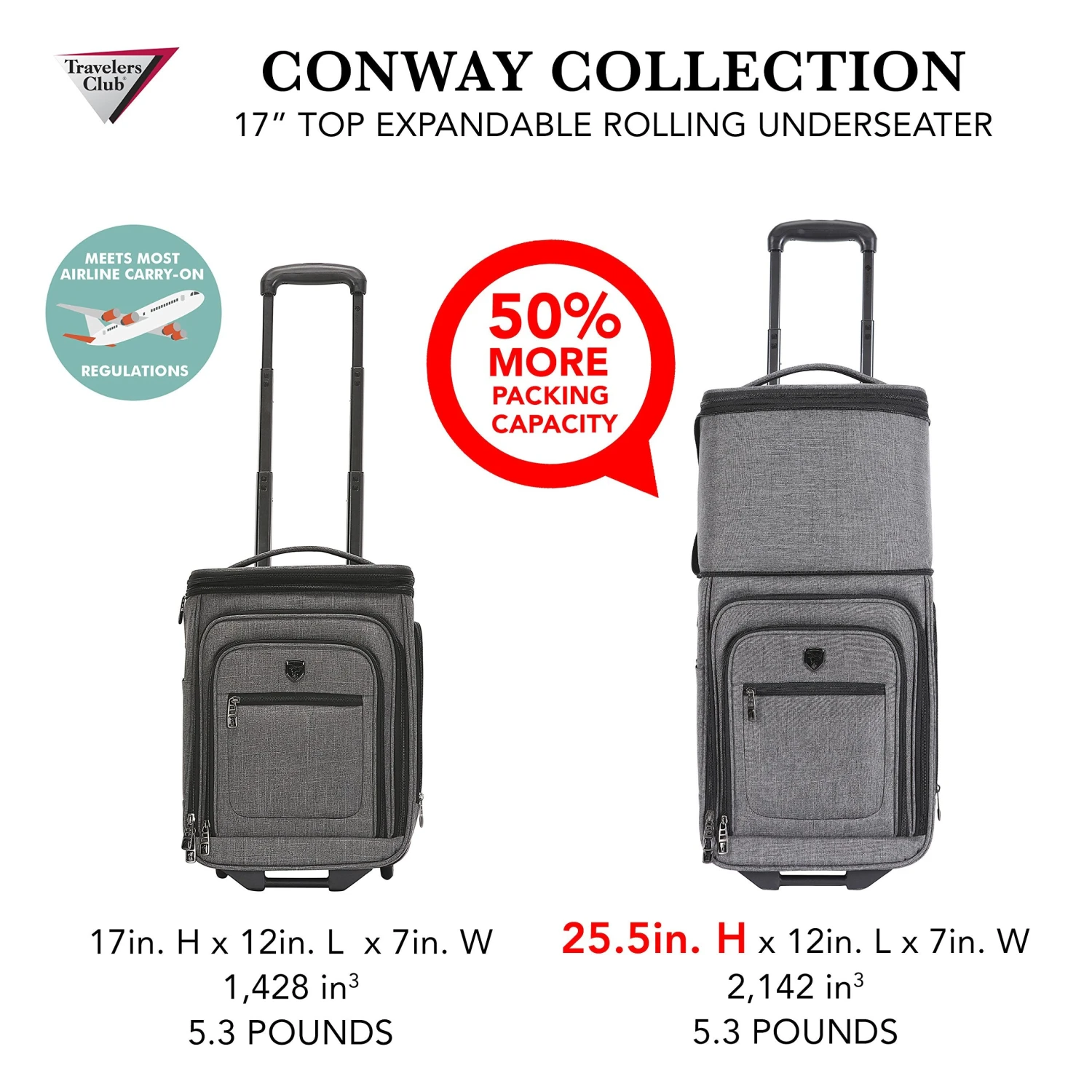 Travelers Club Luggage 17" Top Expandable Underseater W/Side USB Port Connector, Dark Gray Suitcase, Carry 6 Travelers Club Luggage 17" Top Expandable Underseater W/Side USB Port Connector, Dark Gray Suitcase, Carry - Image 6