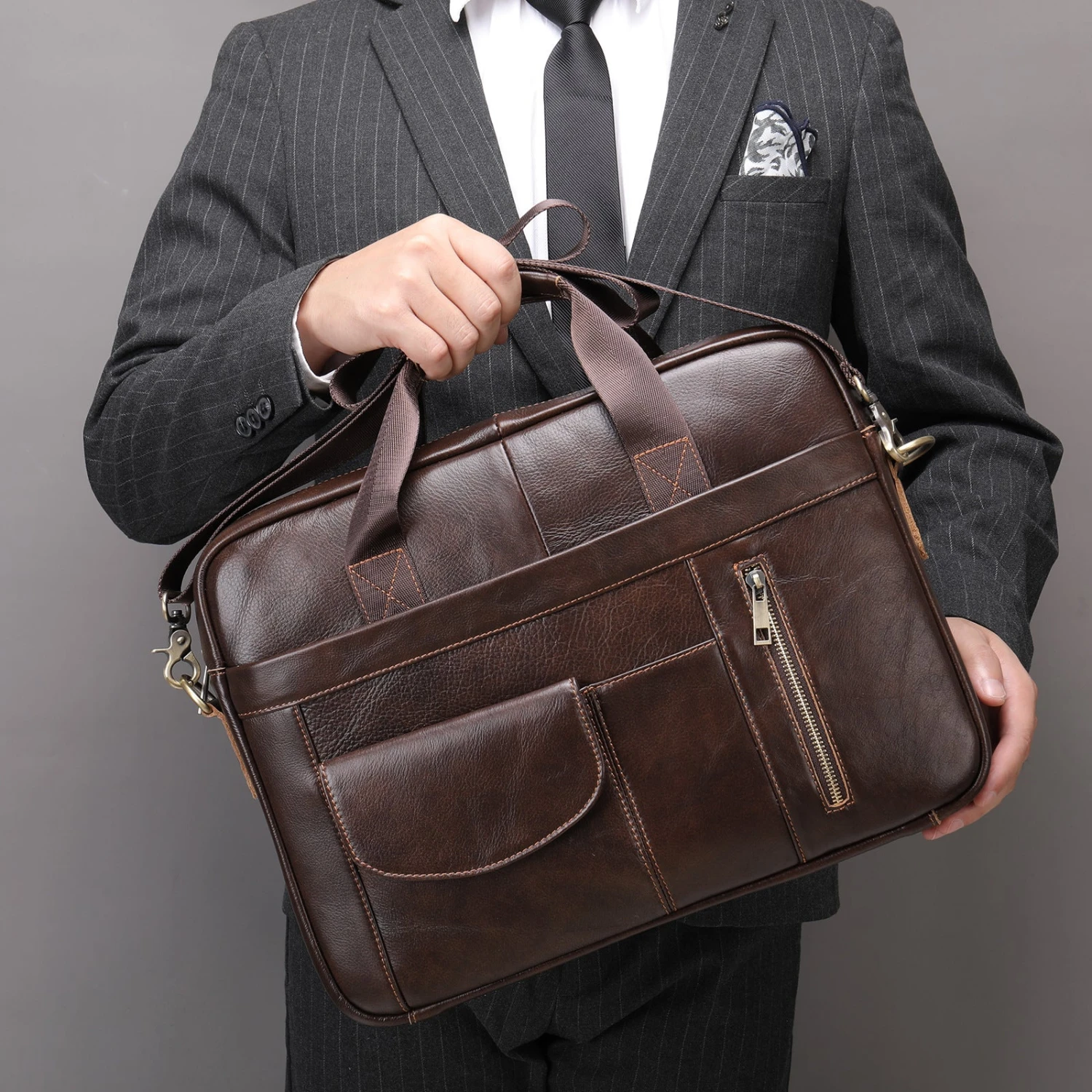 Cross-border Men's Briefcase Genuine Leather Men's Bag Business Bag 14 Inch Computer Bag Men's Portable Shoulder Business 5 Cross-border Men's Briefcase Genuine Leather Men's Bag Business Bag 14 Inch Computer Bag Men's Portable Shoulder Business - Image 5