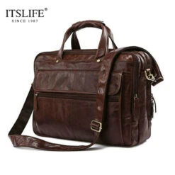 Free Shipping Hight Quality Brown 100% Genuine Leather Men Portfolio Briefcase Laptop Bag